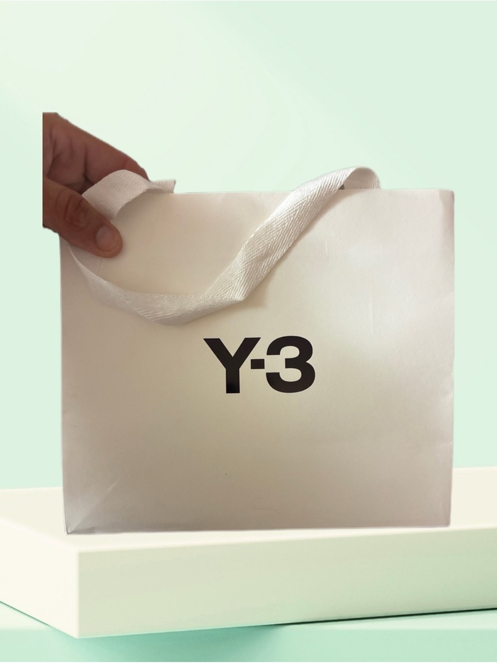 Y-3 White Gift Bag with Black Logo and Ribbon Handles
